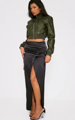 Black Satin Buckle Side Maxi Skirt