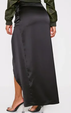 Black Satin Buckle Side Maxi Skirt