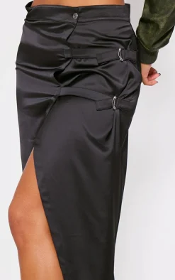 Black Satin Buckle Side Maxi Skirt