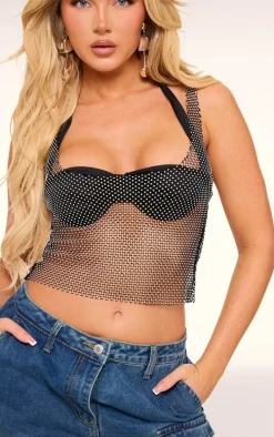 Black Satin Bust Detail Embellished Top