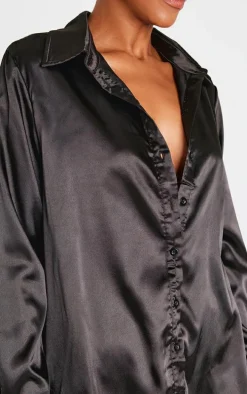 Black Satin Button Front Shirt