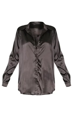 Black Satin Button Front Shirt