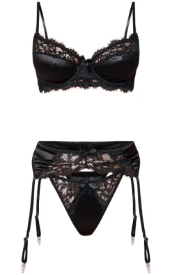 Black Satin Contrast Lace 3 Piece Lingerie Set