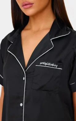 Black Satin Contrast Piping Short Pj Set