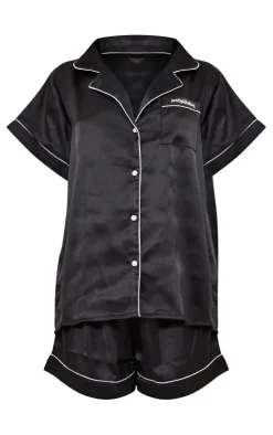 Black Satin Contrast Piping Short Pj Set