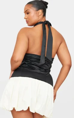 Black Satin Contrast Puffball Dress