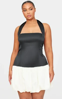 Black Satin Contrast Puffball Dress