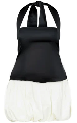 Black Satin Contrast Puffball Dress