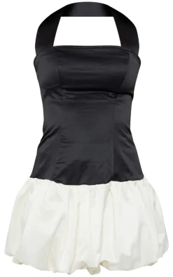 Black Satin Contrast Puffball Dress