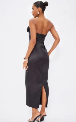 Black Satin Corsage Maxi Dress