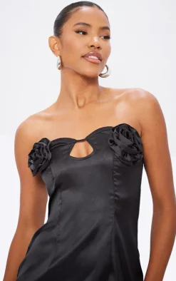 Black Satin Corsage Maxi Dress