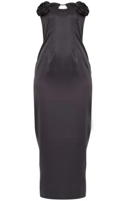 Black Satin Corsage Maxi Dress