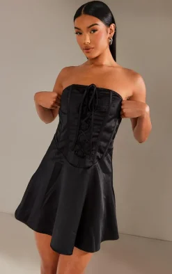 Black Satin Corset Bandeau Shift Dress