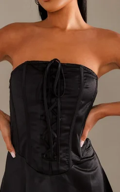 Black Satin Corset Bandeau Shift Dress