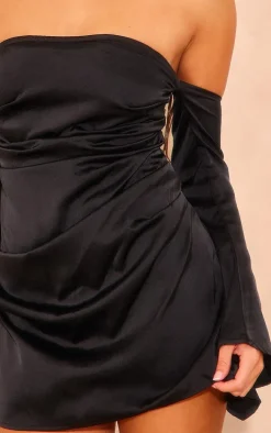 Black Satin Corset Bardot Ruched Long Flared Sleeve Shift Dress