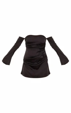 Black Satin Corset Bardot Ruched Long Flared Sleeve Shift Dress