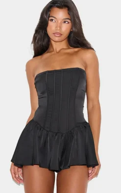 Black Satin Corset Detail Bandeau Romper