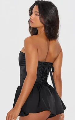 Black Satin Corset Detail Bandeau Romper