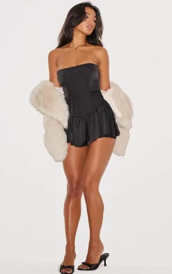 Black Satin Corset Detail Bandeau Romper