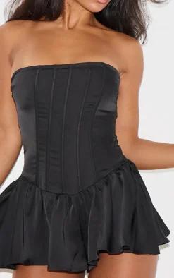 Black Satin Corset Detail Bandeau Romper