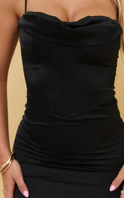 Black Satin Corset Drape Detail Midaxi Dress