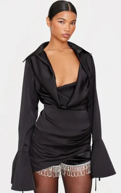 Black Satin Cowl Neck Asymmetric Shirt
