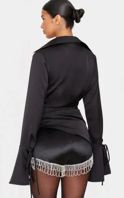 Black Satin Cowl Neck Asymmetric Shirt