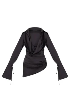 Black Satin Cowl Neck Asymmetric Shirt