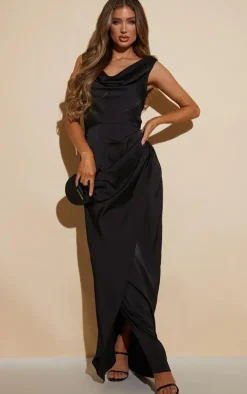 Black Satin Cowl Neck Draped Maxi Dress