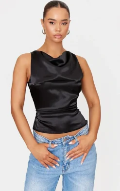 Black Satin Cowl Neck Long Top