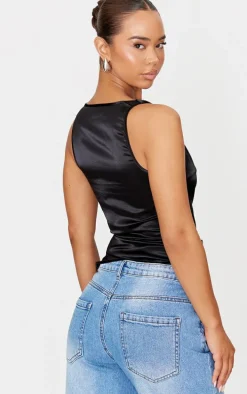 Black Satin Cowl Neck Long Top