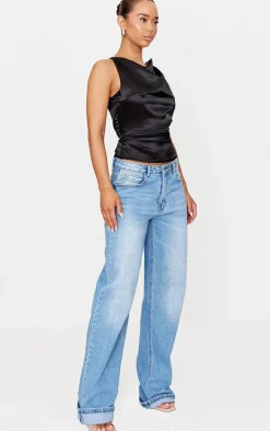 Black Satin Cowl Neck Long Top