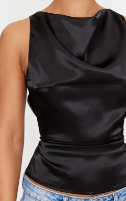 Black Satin Cowl Neck Long Top
