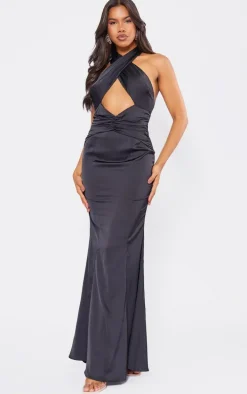Black Satin Cross Front Ruched Maxi Dress