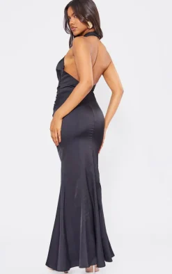 Black Satin Cross Front Ruched Maxi Dress