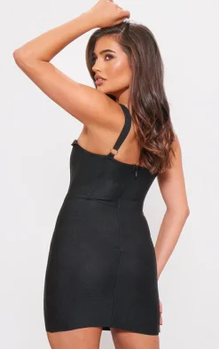 Black Satin Cup Detail Bandage Bodycon Dress