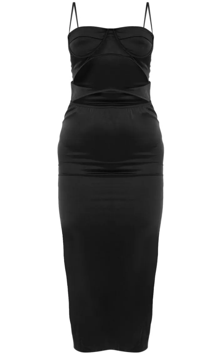 Black Satin Cut Out Cup Detail Midaxi Dress