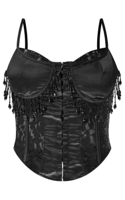 Black Satin Cut Out Lace Detail Applique Bust Corset