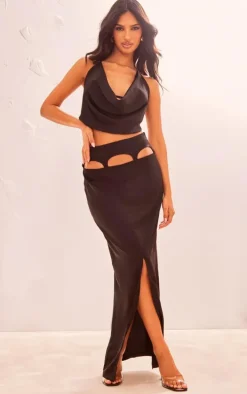 Black Satin Cut Out Suspender Maxi Skirt