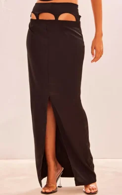Black Satin Cut Out Suspender Maxi Skirt