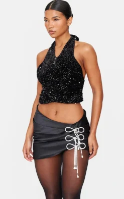 Black Satin Diamante Bow Trim Ruched Mini Skirt
