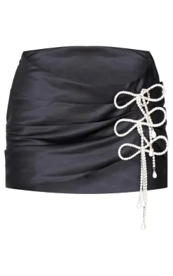 Black Satin Diamante Bow Trim Ruched Mini Skirt