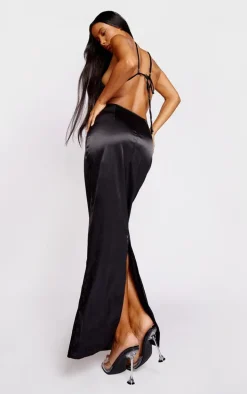 Black Satin Diamante Trim Cut Out Midaxi Dress