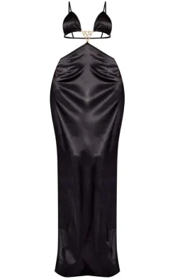 Black Satin Diamante Trim Cut Out Midaxi Dress