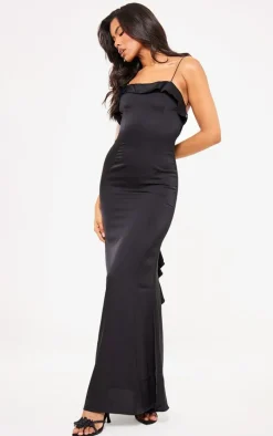 Black Satin Draped Frill Back Detail Maxi Dress