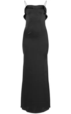 Black Satin Draped Frill Back Detail Maxi Dress