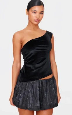 Black Satin Embellished Puffball Mini Skirt