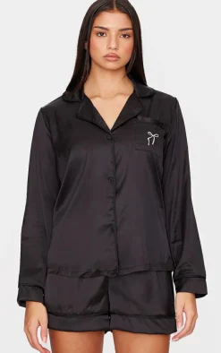 Black Satin Embroidered Bow Short Pj Set