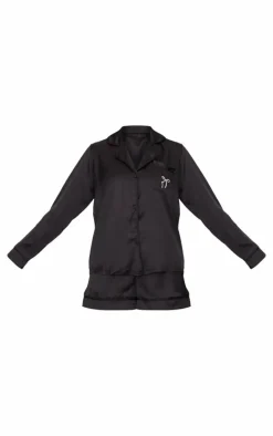 Black Satin Embroidered Bow Short Pj Set