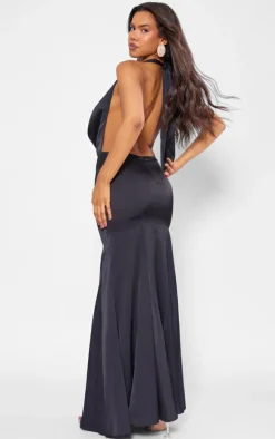 Black Satin Extreme Cowl Neck Maxi Dress